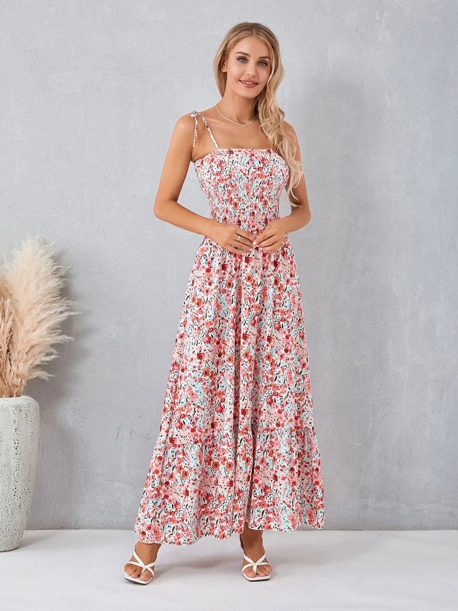 

Women Spaghetti Straps Tie-up Long Dress Floral Print Swing Dress Summer Vacation Party Clubwear