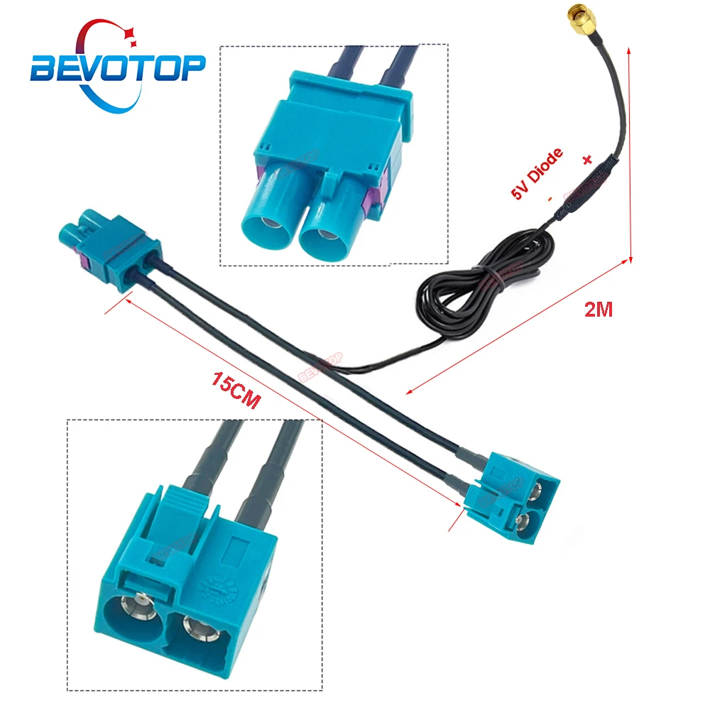 BEVOTOP Twin Fakra Z Male Female to SMA Male 15CM + 2M Splitter cables With Diode Custom-made RF Coaxial Cable Junper
BEVOTOP Twin Fakra Z Male Female to SMA Male 15CM + 2M Splitter cables With Diode Custom-made RF Coaxial Cable Junper