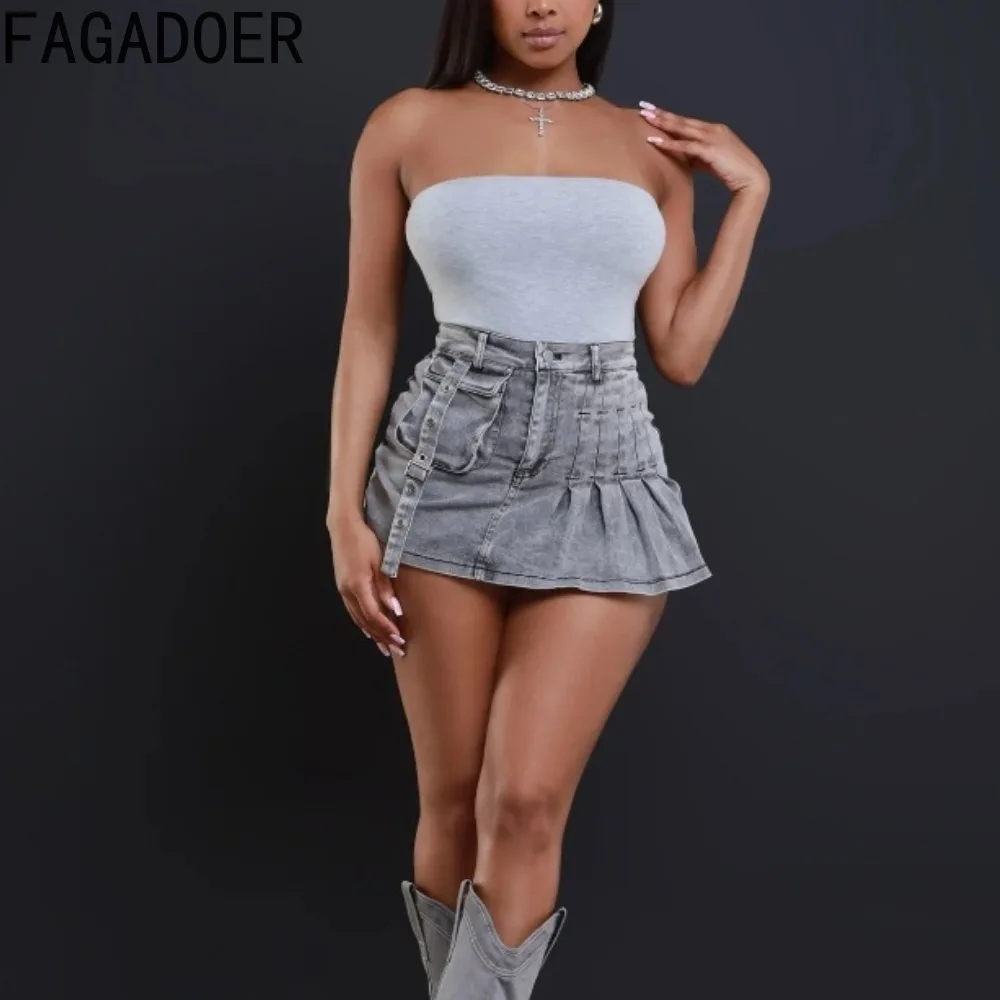 

FAGADOER Summer New Denim Pleated Mini Skirts Shorts Women High Waisted Button Pocket Skirts Fashion Female Cowboy Bottoms 2024