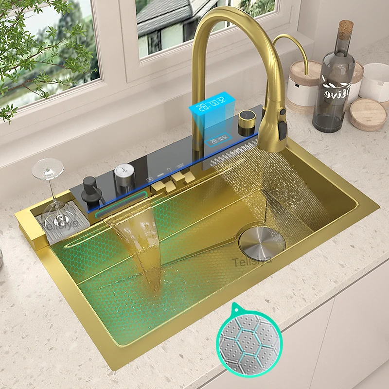 

Golden Kitchen Sink Stainless Steel Waterfall Sink Embossed Digital Display Single Slot Multifunctional Gold Wash Basin Topmount