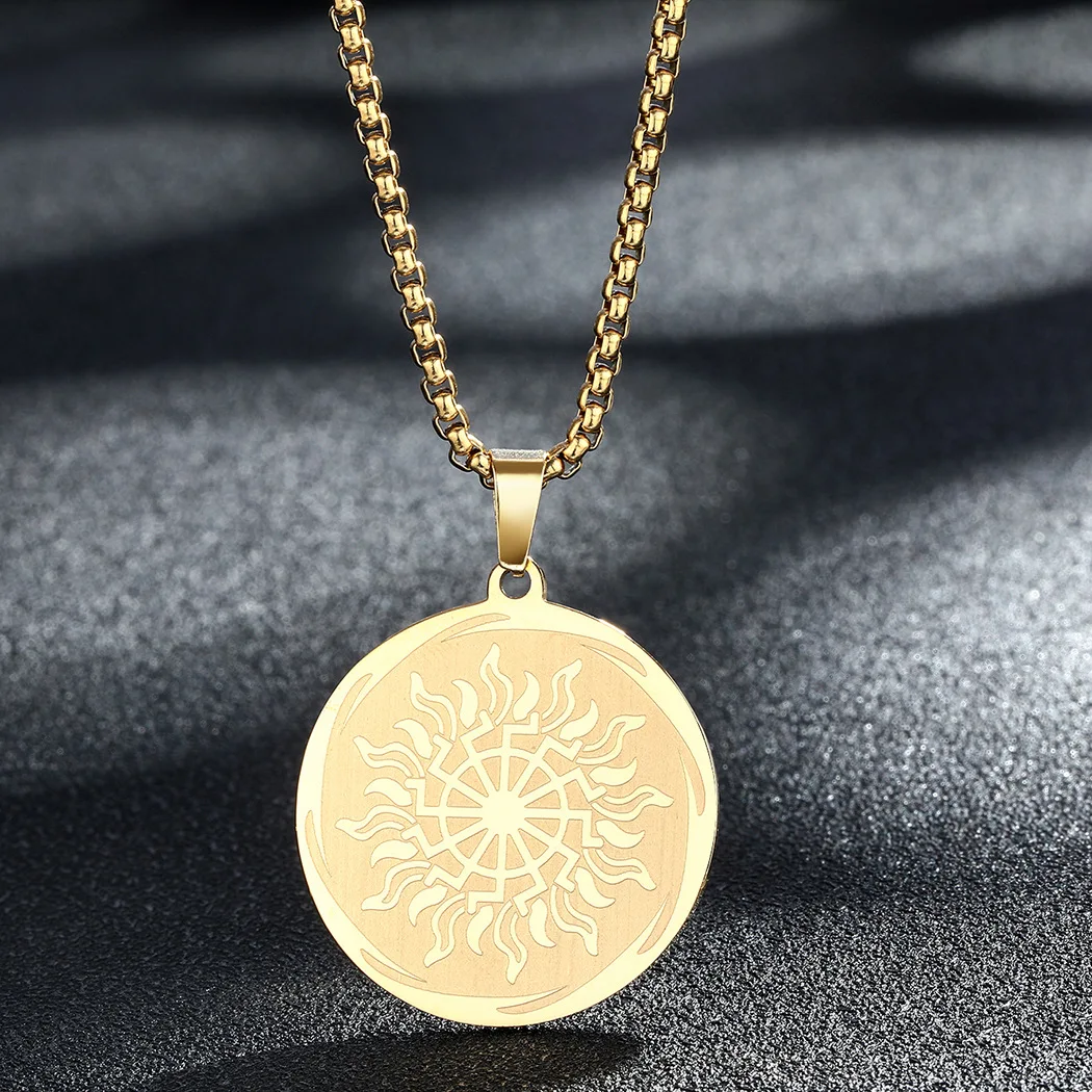 Stainless Steel Sun Gear Medal Necklace For Men Women Metal Slavic Solar Symbol Sun Pagan Pendant Talisman Necklace Choker
Stainless Steel Sun Gear Medal Necklace For Men Women Metal Slavic Solar Symbol Sun Pagan Pendant Talisman Necklace Choker