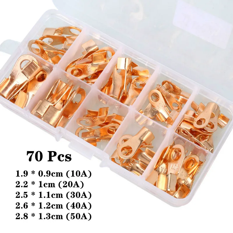 

70pcs OT-10A 20A 30A 40A 50A Dia Red Copper Circular Splice Ring Terminal Wire Naked Battery Cable Connector lugs Terminals