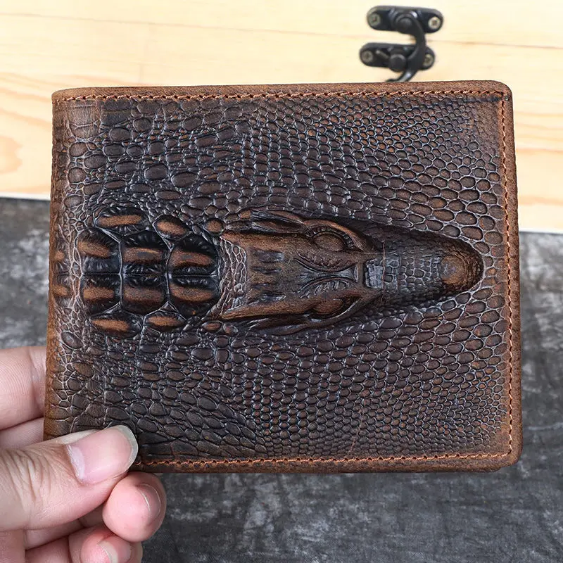 

Leather Men's Wallet Top Layer Cowhide Embossed Crocodile Head Horizontal Wallet Genuine Leather Silver Bag Retro Casual