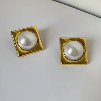 Imiation-Boucles d'oreilles carrées en métal doré pour femmes, bijoux à tige perle, petits bijoux géométriques, cadeau pour filles, mode, document 2