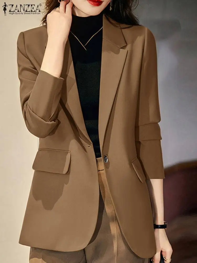 

Женский блейзер ZANZEA, Осенний элегантный офисный пиджак с отложным воротником и длинным рукавом, тонкая верхняя одежда, однотонное пальто