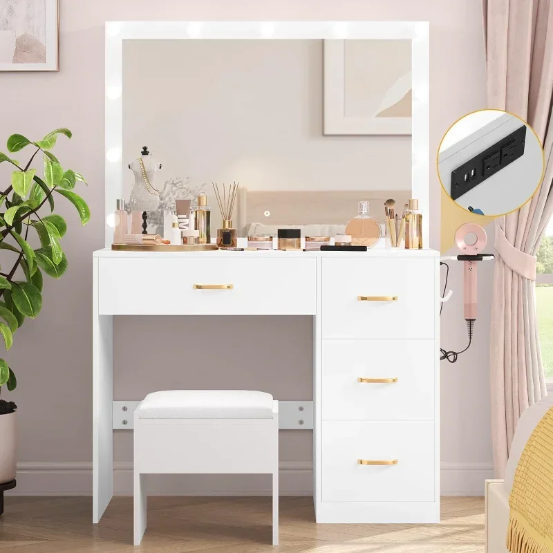 Makeup Vanity with Large Lighted Mirror, Power Outlet, 3 Color Lighting Modes, Adjustable Brightness, 4 Drawers
Makeup Vanity with Large Lighted Mirror, Power Outlet, 3 Color Lighting Modes, Adjustable Brightness, 4 Drawers