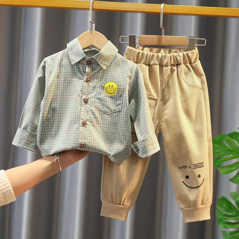 

Осенне-весенний модный официальный комплект одежды для маленьких мальчиков, детские костюмы, комплект из рубашки и брюк в клетку, 2 шт./комплект, детский комплект одежды