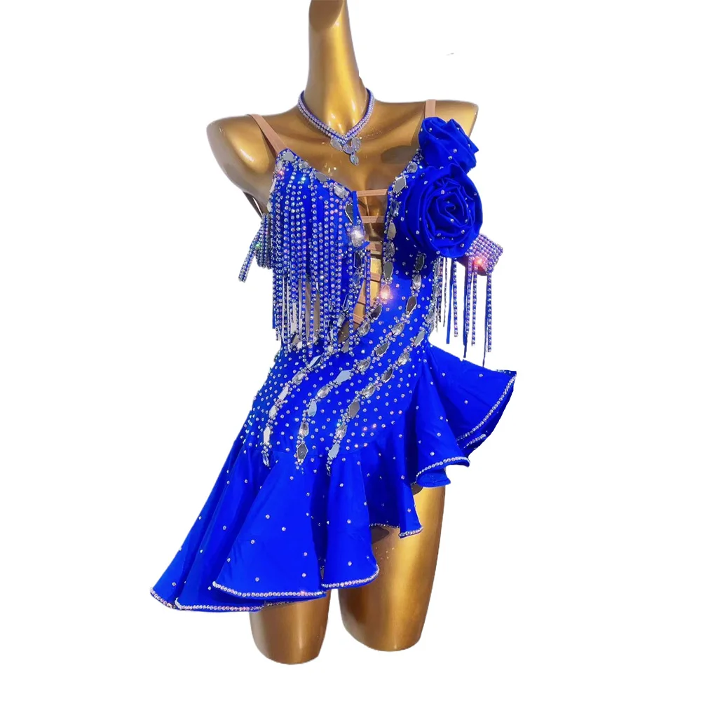 

Одежда для выступлений на сцене для латиноамериканских танцев, Высококачественная юбка с волнистыми стразами на заказ, платье в стиле румбы для танцев