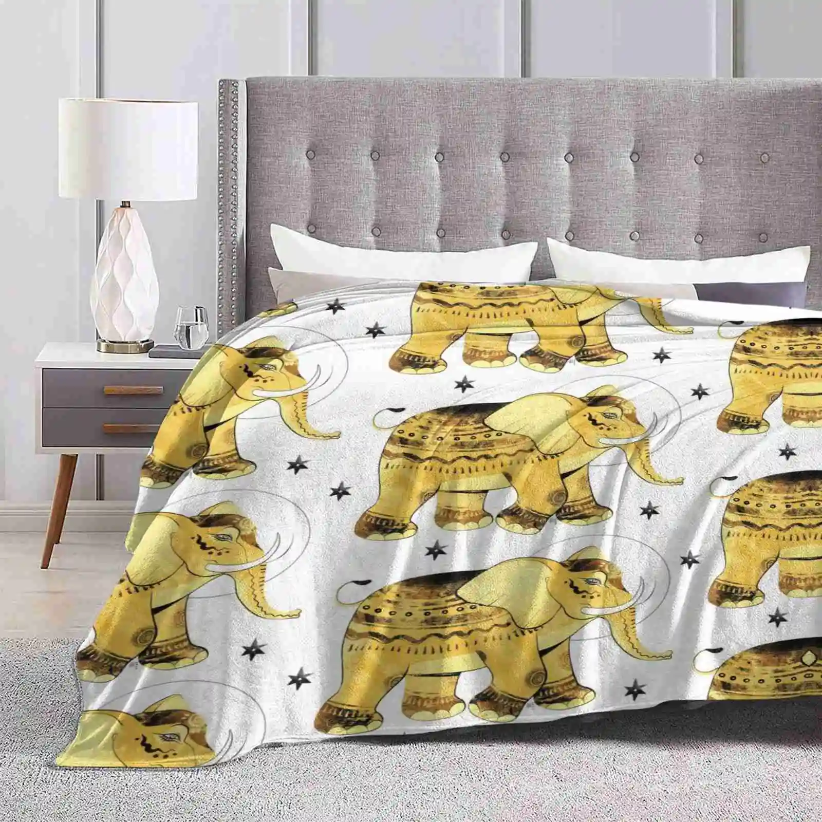 

Golden Elephant Best Selling Room Household Flannel Blanket Elephant Yellow Animals Wildlife Africa Stars Patterns Euqinimodart