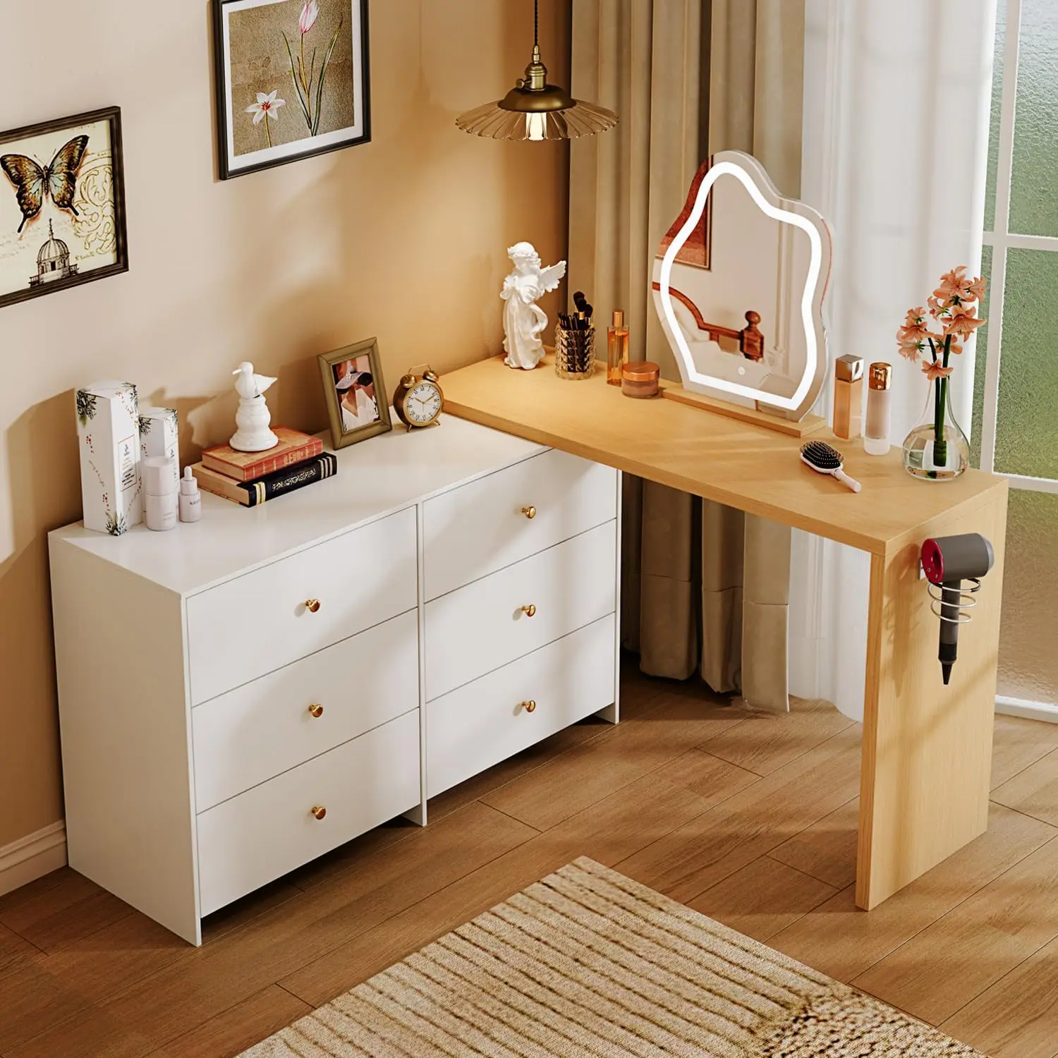 Modern Corner Makeup Vanity Table,with LED Mirror and 6 Spacious Drawers,with Cabinet Retractable Dressing Table Laptop Writing
Modern Corner Makeup Vanity Table,with LED Mirror and 6 Spacious Drawers,with Cabinet Retractable Dressing Table Laptop Writing