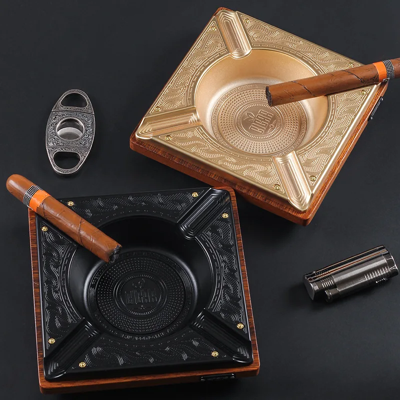

Titanium Alloy Wood Cigar Ashtray Home Metal Ash Tray Outdoor Luxury 4 Holder Cigar Cigarette Ashtrays Cigars Accessories