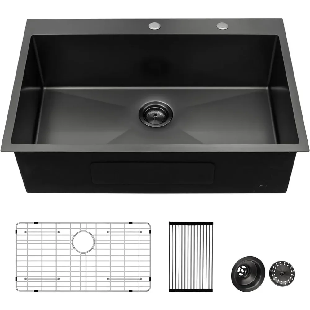 

Черная кухонная раковина с 16 размерами, кухонные мойки из нержавеющей стали с плотным радиусом действия R10, круглые угловые одинарные чаши, 33 дюйма