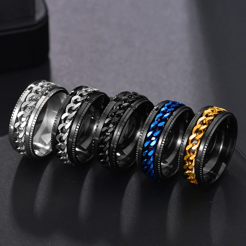 

20pcs/lot Rotatable Anxiety Fidget rings Titanium Stainless Steel Chain Spinner Finger Ring For Men Blue Gold Color
