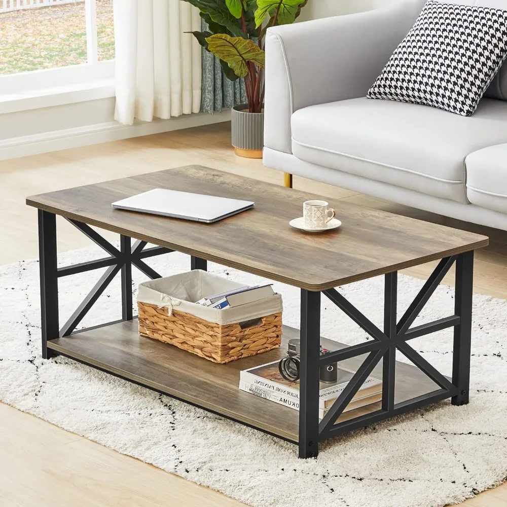 

Coffee Table for Living Room with Round Corners Farmhouse Style Center Table with Storage Shelf 39 Inch Space Saving Easy