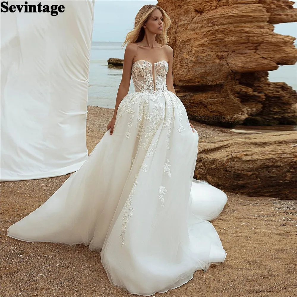 

Sevintage Sleeveless A-line Wedding Dress For Women Bride Strapless Ivory Deep V-Neck Lace Applique Bridal Boho Beach Gown Robes