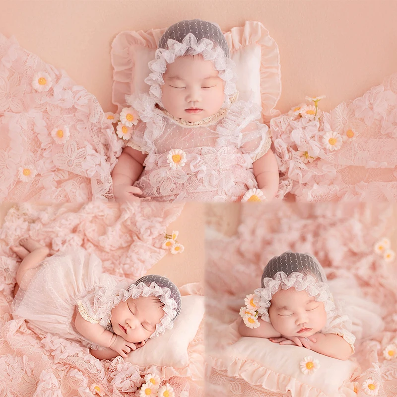 

Baby Girl Newborn Photoshoot Outfits Lace Dress and Hat Floral Lace Blanket Pink Flower Suit Photography Props Studio Shoot Prop