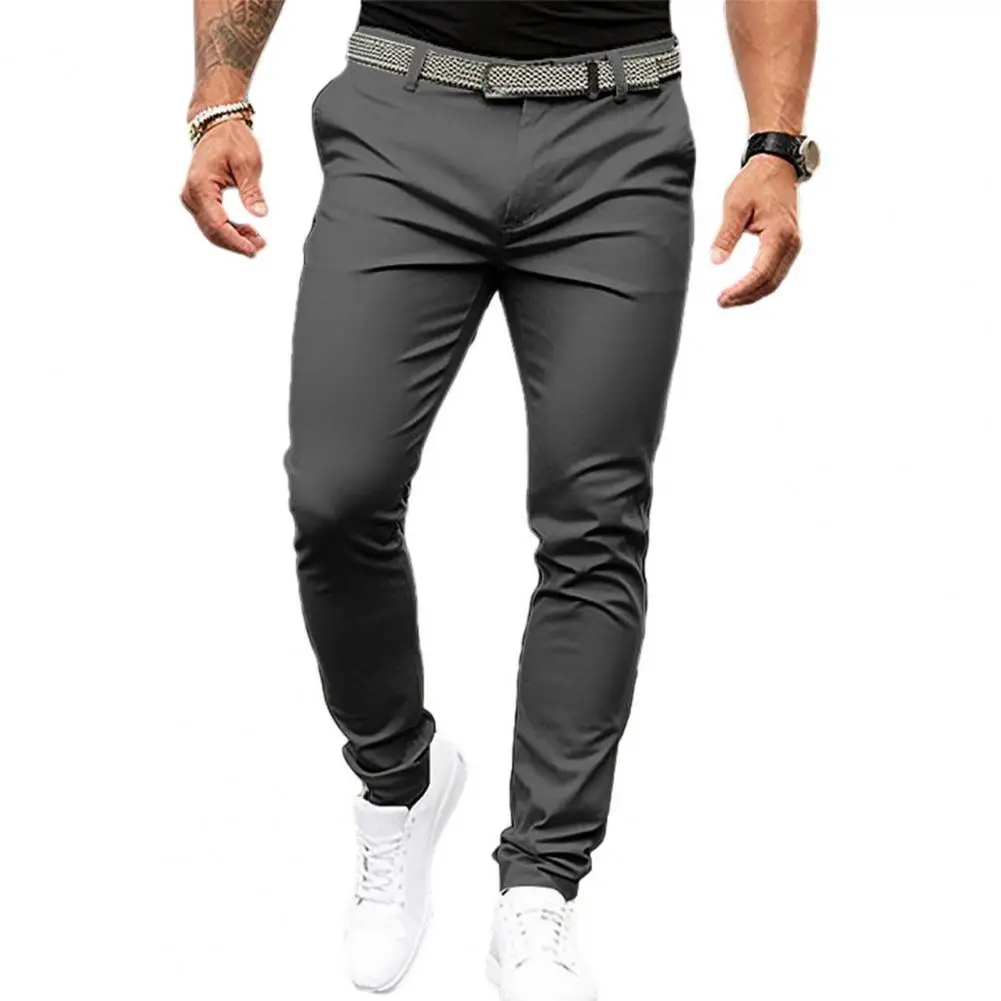 

Men Solid Color Suit Long Pants Mid-rise Slant Pockets Zipper Fly Slim Fit Business Office Trousers Fine Sewing Pants Workwear