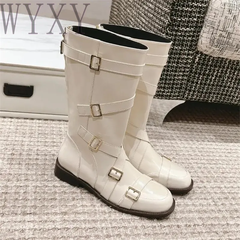 Winter New Round Toe Shiny Leather Flats Long Booties Women Buckle Straps Back Zip Comfort Fashion Concise Knee High Bootie 2024
Winter New Round Toe Shiny Leather Flats Long Booties Women Buckle Straps Back Zip Comfort Fashion Concise Knee High Bootie 2024