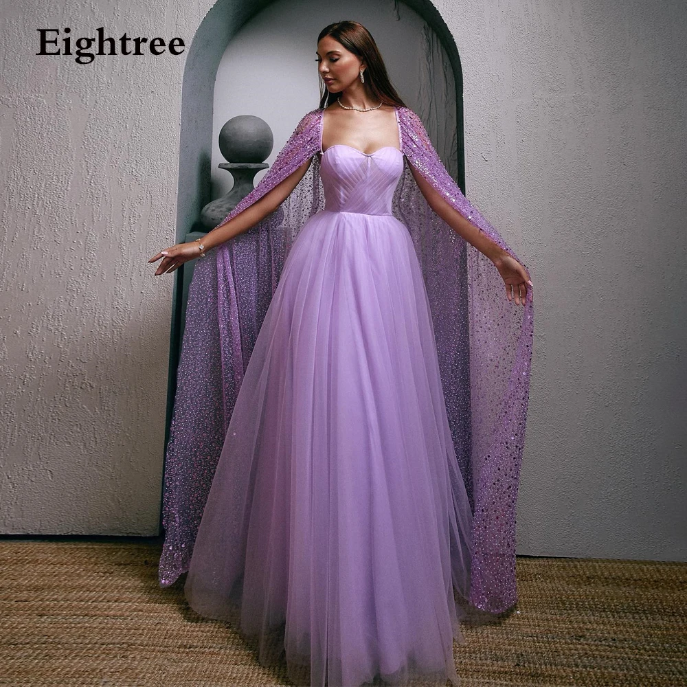 

Eightree Luxury Lavender A Line Evening Party Dresses Glitter Sequined Cape Shawl Dubai Arabic Women Prom Gowns Dress Vestidos