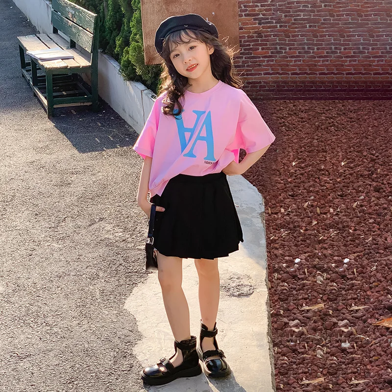 

Korean Summer Junior Girl 2PCS Clothes Set Teenager Girl Letter Short Sleeve Tops+Pleated Skirt Sets Girls From 4-12 Years Old
