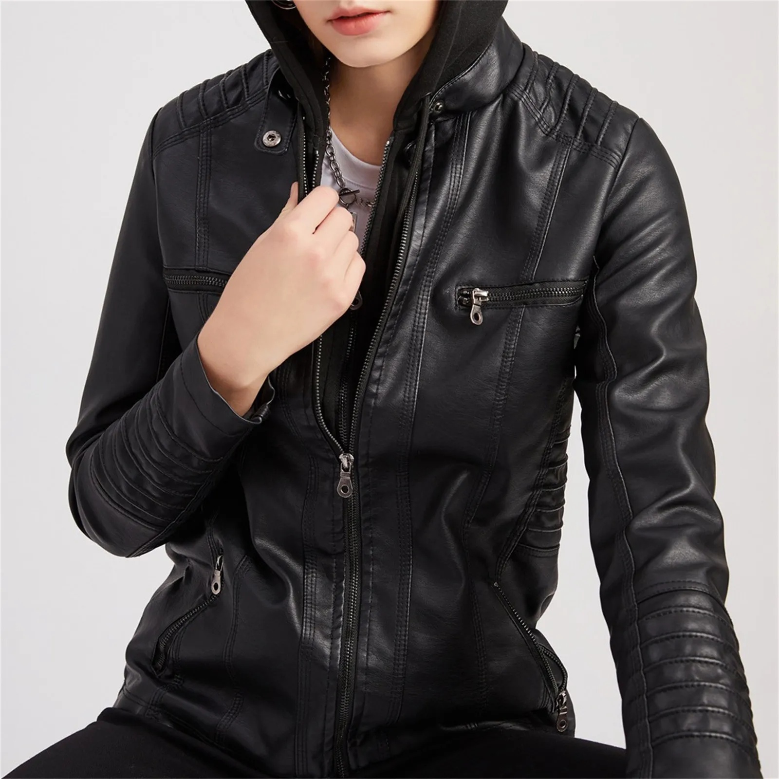 Slim Fashion Jackets Hooded Leather Coat Women Spring Autumn Motorcycle High Street Double Zipper Clothing Plus Size 3xl-7xl
Slim Fashion Jackets Hooded Leather Coat Women Spring Autumn Motorcycle High Street Double Zipper Clothing Plus Size 3xl-7xl
