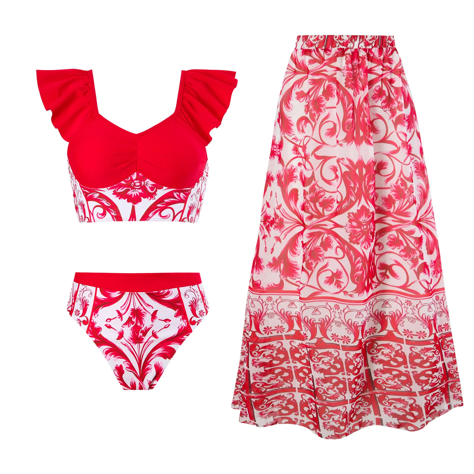 

Sexy Ruffled Feminine Bikinis Sets Luxury Designer Push Up Red Printed High Waist Two Piece Swimsuit Women 2023 Brazilian Beach