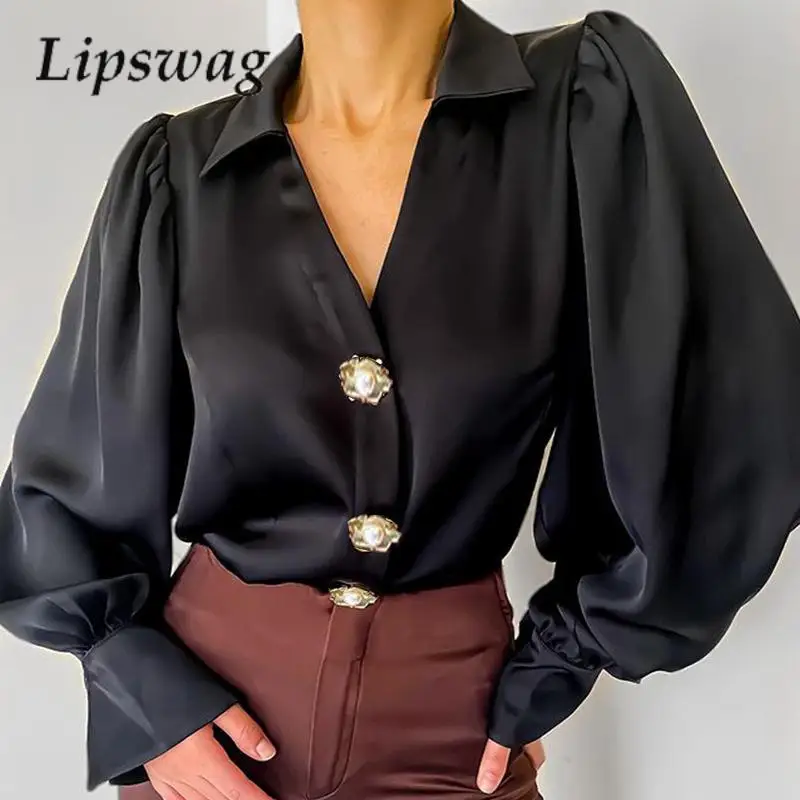 

Women V-Neck Button-Up French Shirt 2024 Summer Loose Versatile Shirt Top Elegant New Solid Color Bubble Sleeve Commuter Blouse