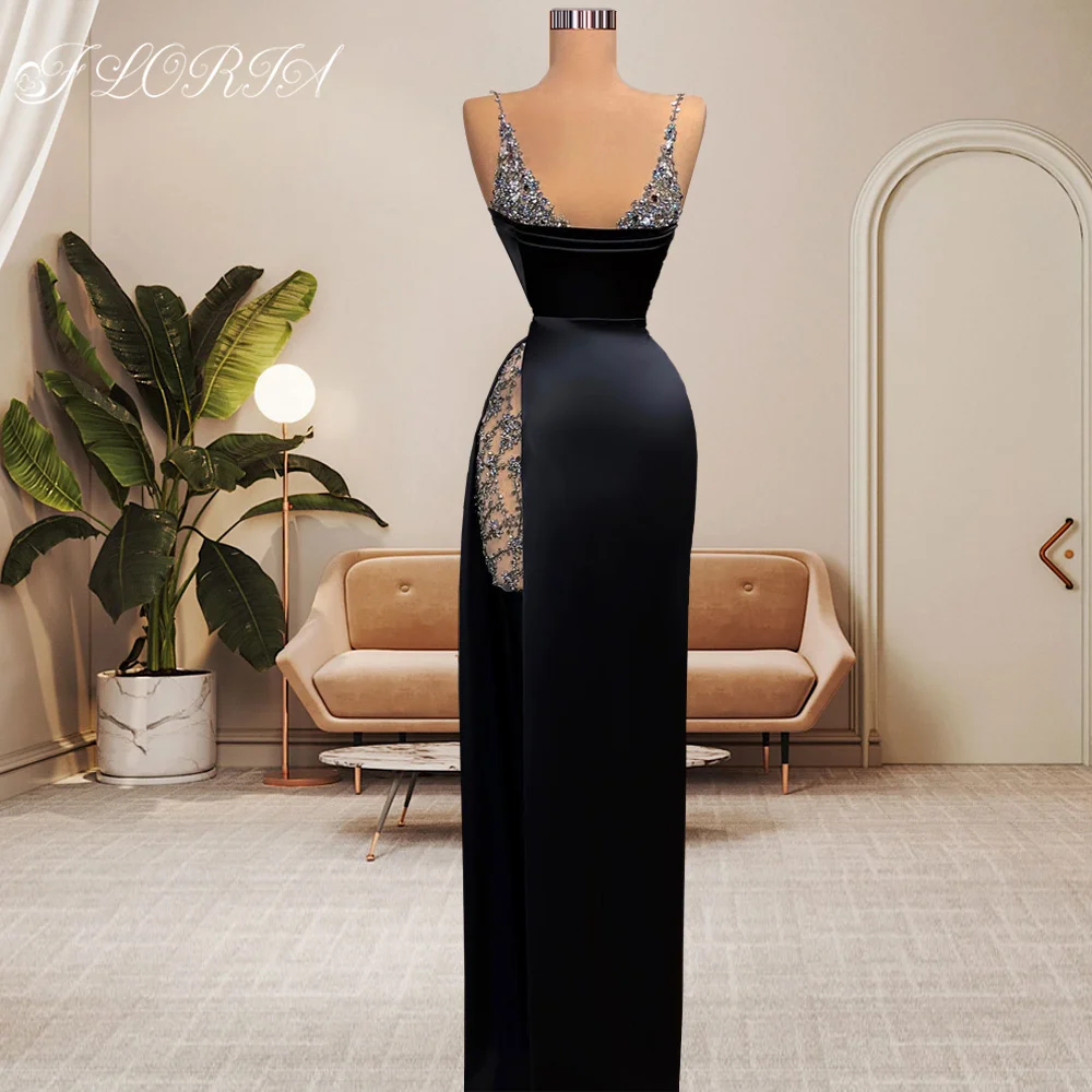 

Spaghetti Straps Sleeveless High Split Prom Dress Black Sequined Floor Length Celebrity Gowns Custom Made Satin Plus Size 2023