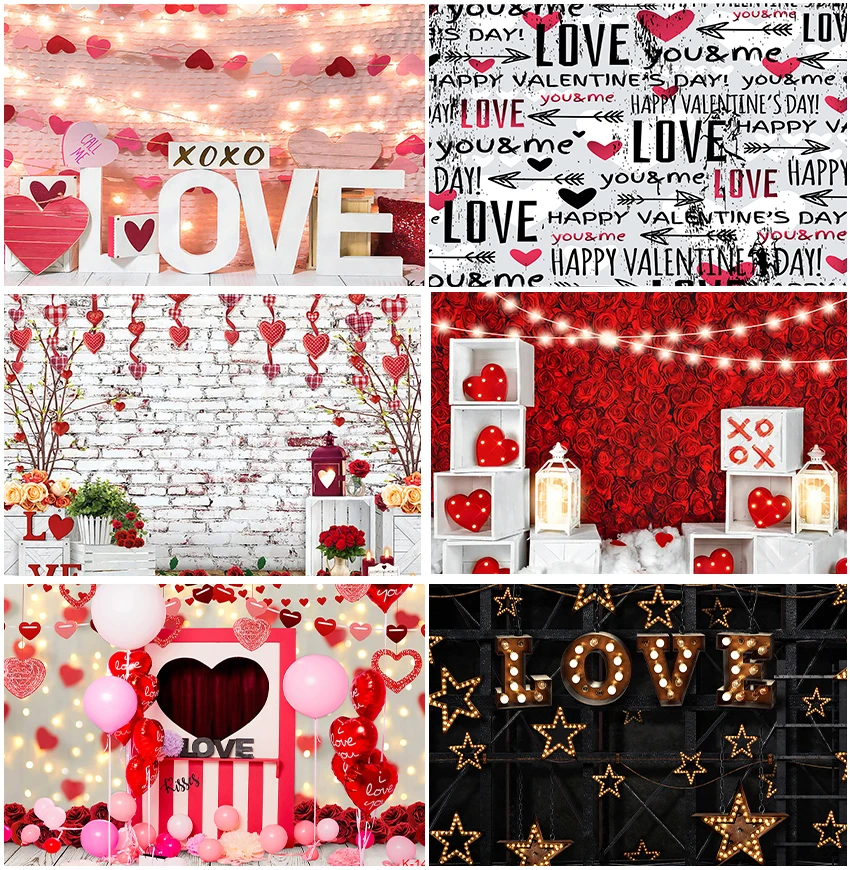 

Love XOXO Backdrops Brick Wall Poster Valentine's Day Wedding Red Rose Flowers Backgrounds Glitter Light Photo Shoot Banner