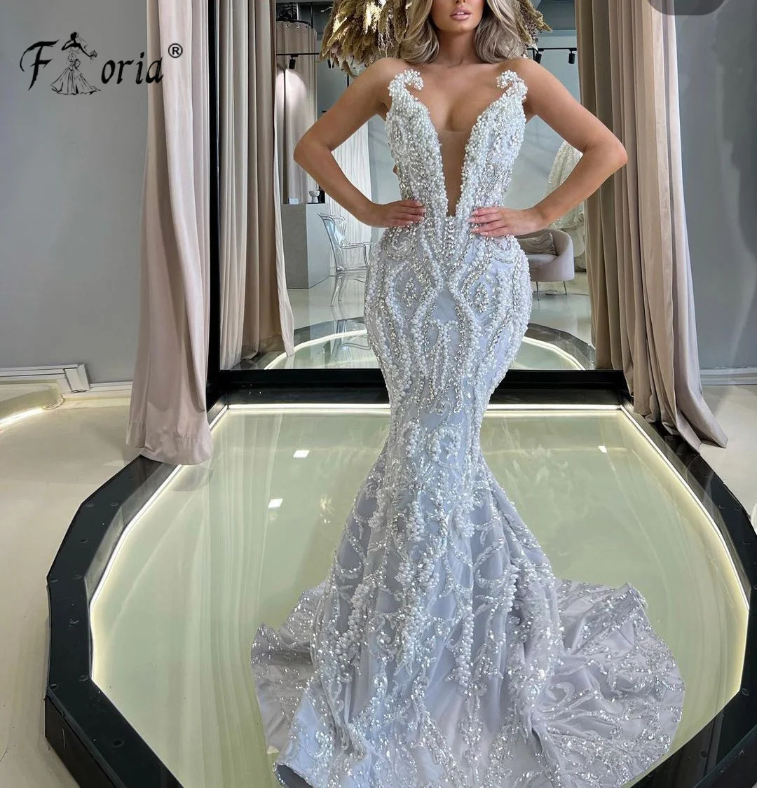 

Vestidos De Noche Luxurious Beaded Pearls Mermaid Wedding Dress White Arabian Dubai Eso Abi Bridal Gown Formal Party Woman Gowns