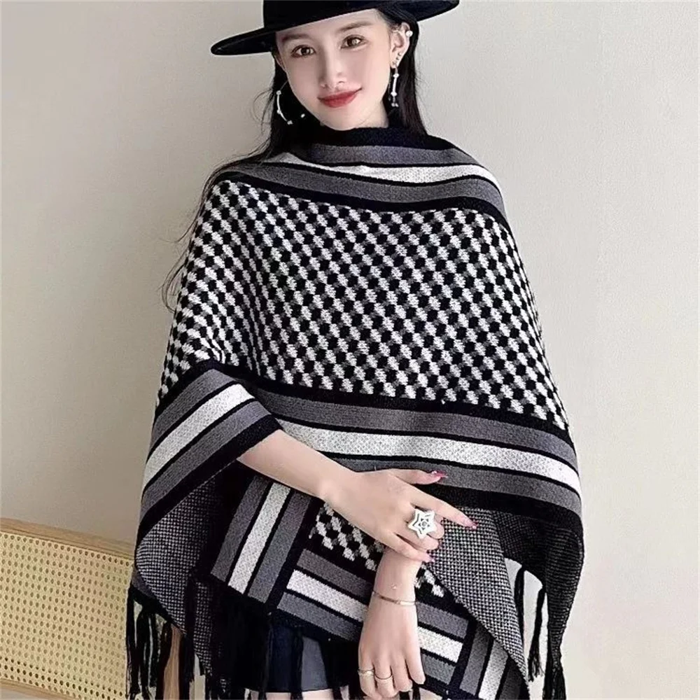 

5 Style Women Autumn Faux Cashmere Knitted Tassel Out Streetwear Printed Long Poncho Shawl Capes Female Big Pendulum Loose Cloak