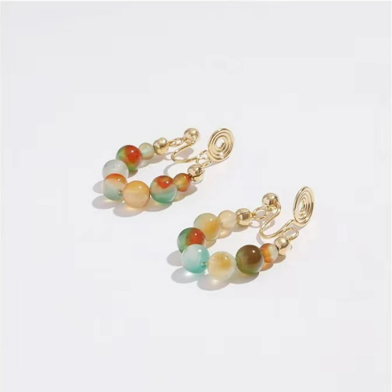 

Chinese Style Colored Chalcedony Beaded Ear Clip Earrings for Women Painless Party Fashion Hanfu Go Vacationing Girlfriend Gift