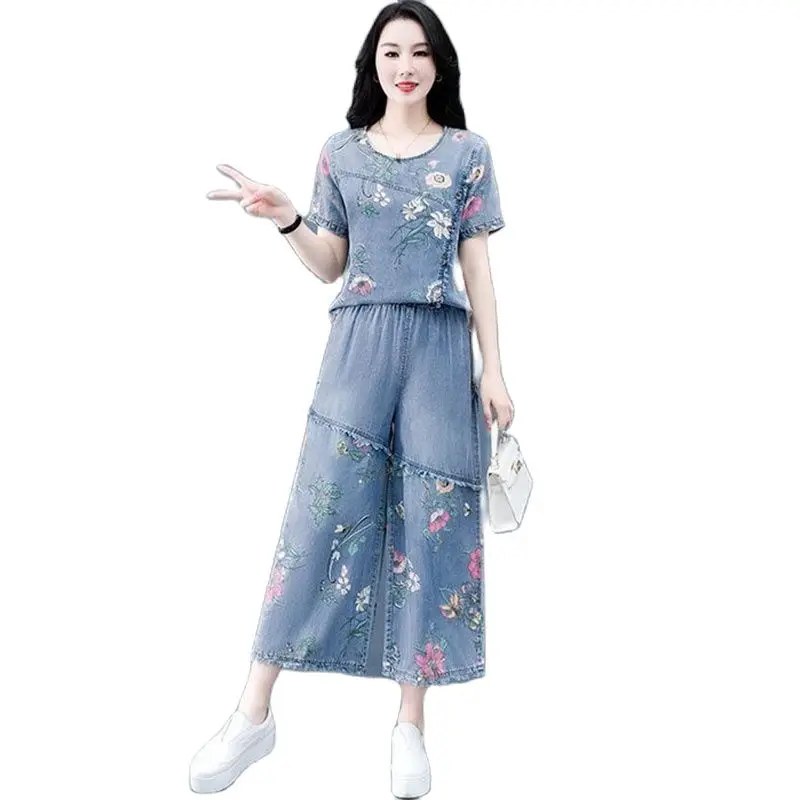 

Summer Splicing Cowboy Pants Suit Women Printing Short Sleeve Crew Neck Tops Nine Points Wide Leg Pants Loose Two Piece Set Lady