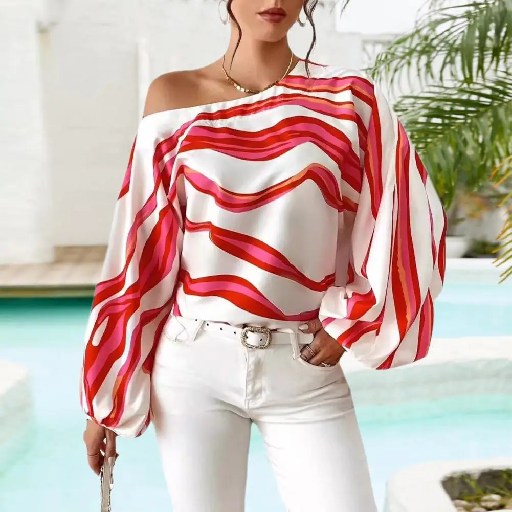 

Slash Collar Shirt Geometric Striped Print Lantern Sleeve Blouse for Women Loose Fit Pullover Top with Slash Neck Stylish Spring