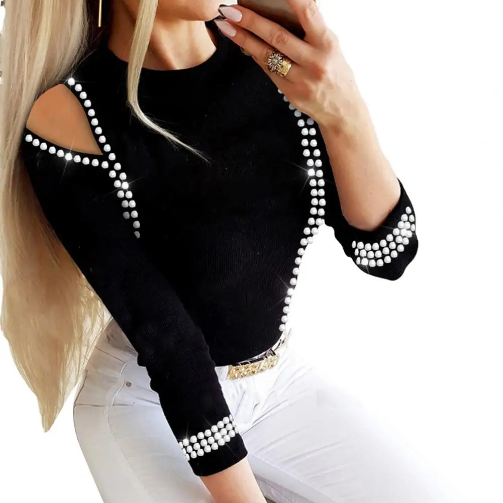 

Women Slim Fit Top Stylish Women's Rhinestone Embellished O-neck Tops Office Lady Heart Pattern Blouse Sheer Mesh Patch Pullover