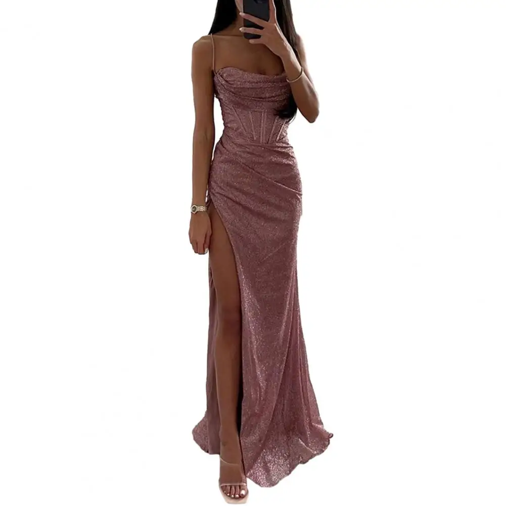 

Женское вечернее платье на бретельках-спагетти, элегантное свободное платье с облегающей талией, открытыми плечами и высоким разрезом, для выпускного вечера