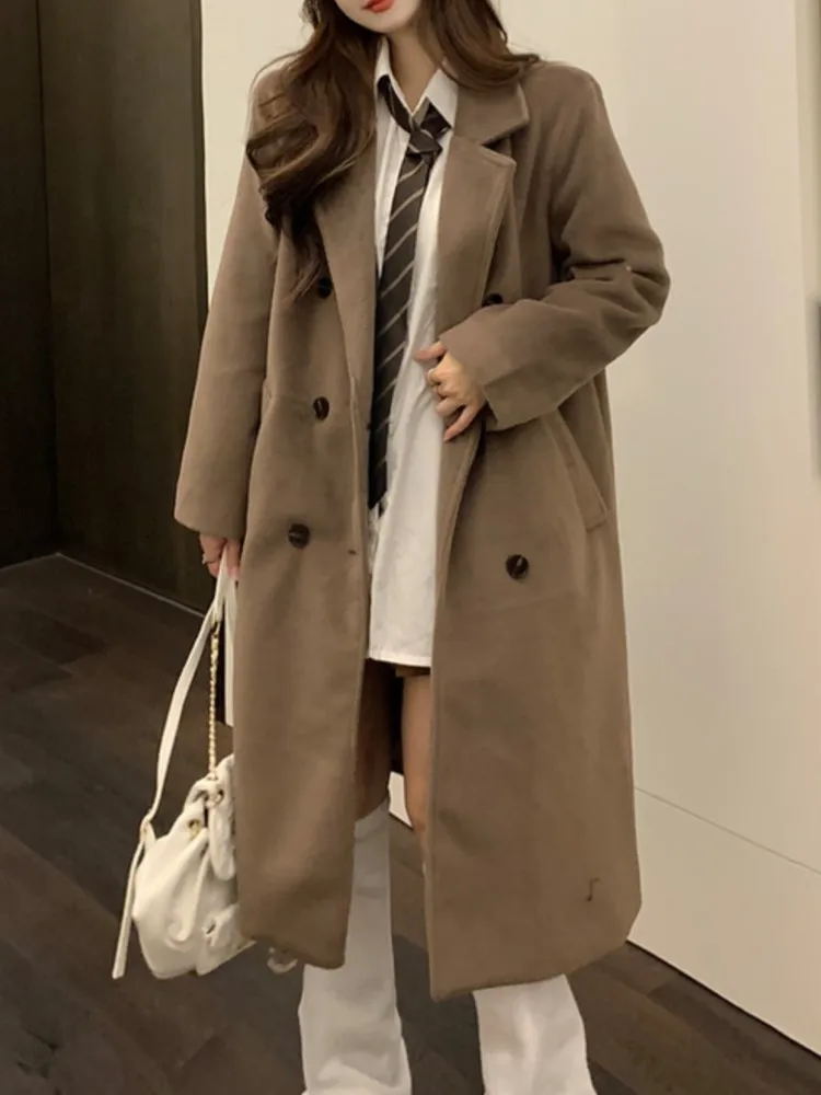 

Winter Korean Women Casual Woolen Coats Fashion Elegant Solid Pocket Thickening Long Jacket Female Loose All Match Blends Cloak