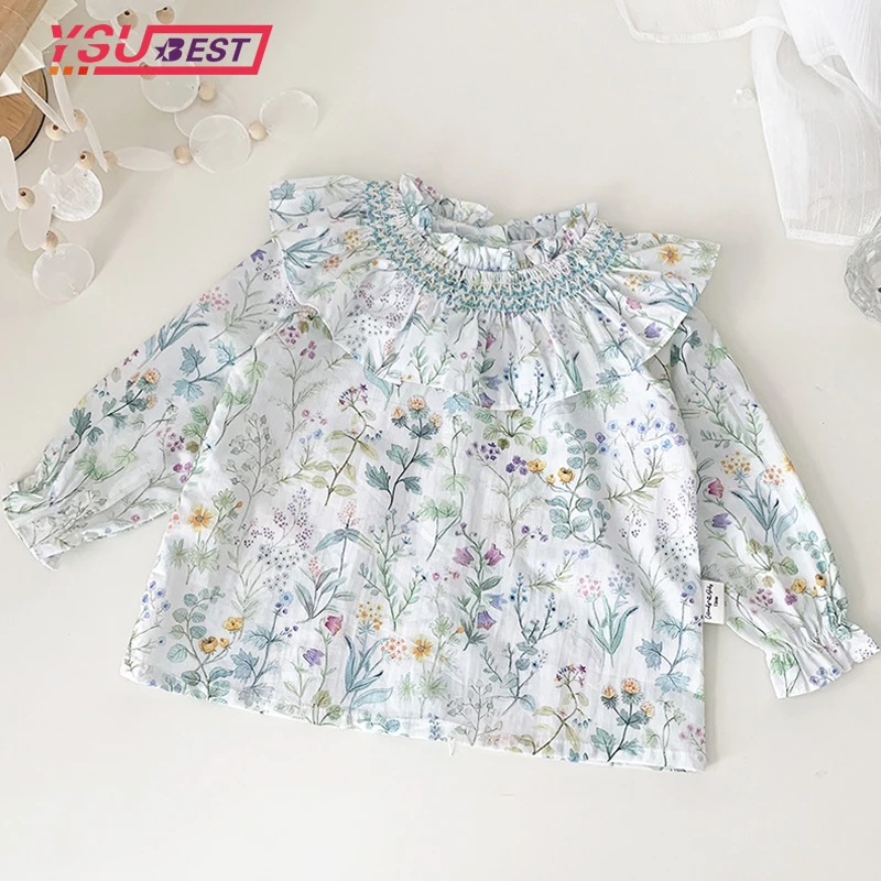 

Baby Girls Blouse Shirt Spring Outwear Flowers Ruffle Shirt Summer Overcoat Top Party Handmade Shirt Children's Clothing Korean