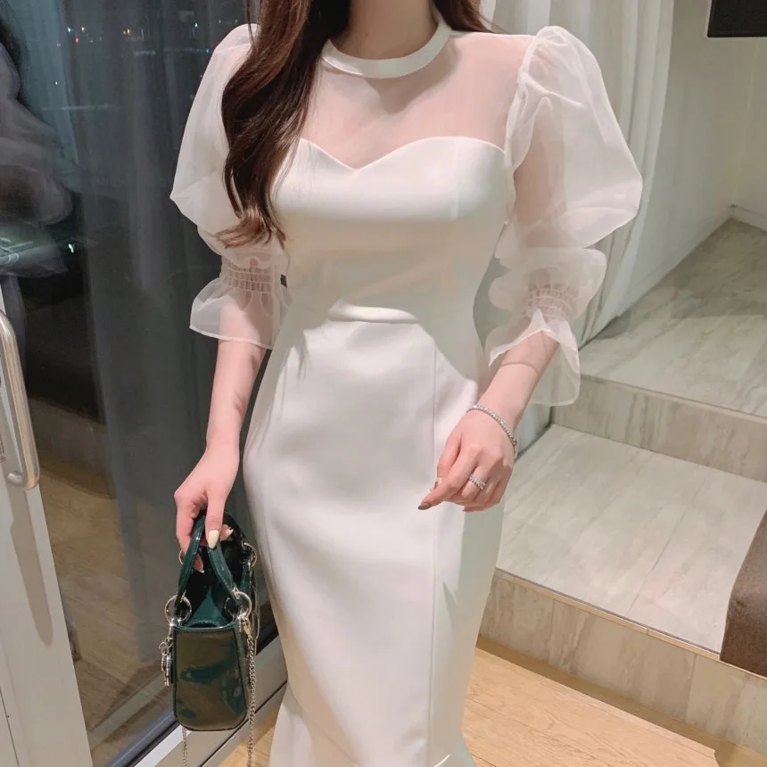 Korean Chic Organza Patchwork Puff Sleeve Fishtail Dress Women Elegant O-neck Slim Package Hip Midi Mermaid Dress Vestidos Mujer
Korean Chic Organza Patchwork Puff Sleeve Fishtail Dress Women Elegant O-neck Slim Package Hip Midi Mermaid Dress Vestidos Mujer