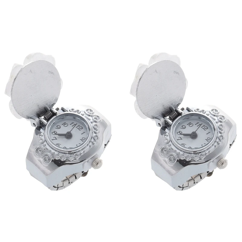 

2X White Clover Round Dial Finger Ring Quartz Watch For Lady