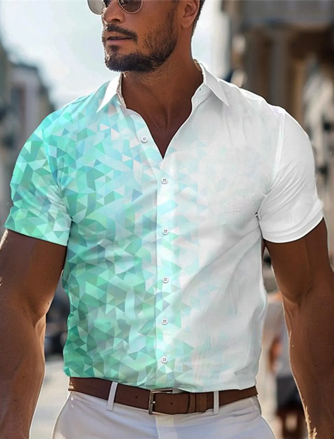 

Geometry Men's Business Casual 3D Printed Shirt Street Wear to Work Summer Turndown Short Sleeves 4-Way Stretch Fabric Shirt