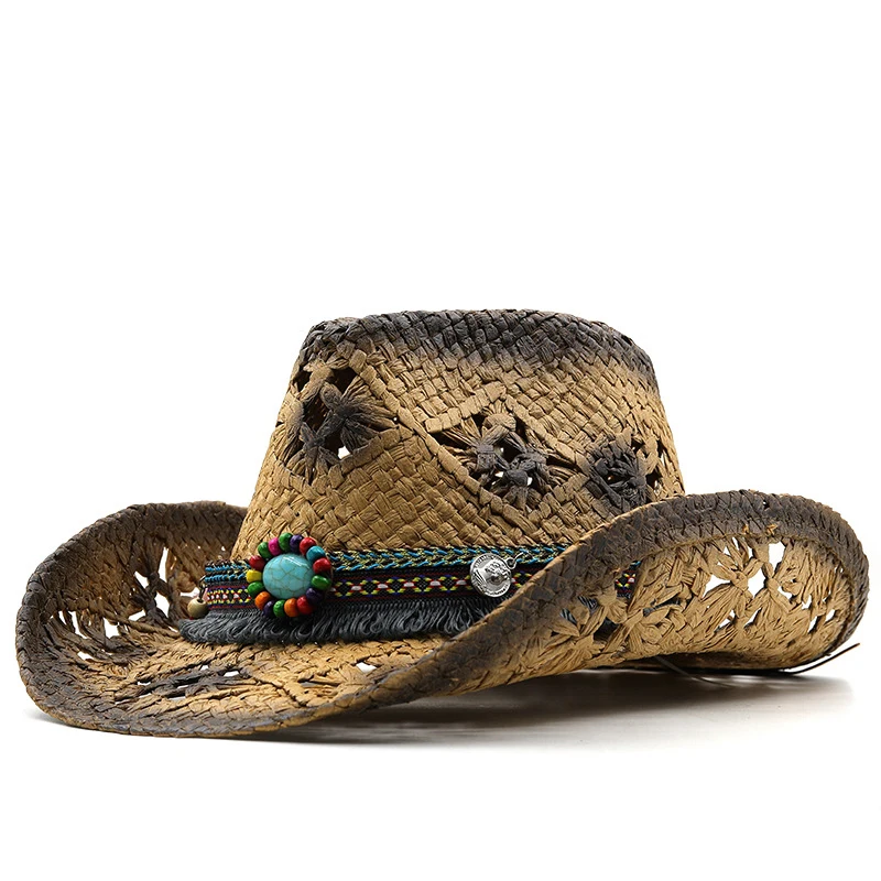 

Retro Vintage Tassels Turquoise Beads Leather Belt Hollowed Out Women Men Straw Wide Brim Beach Cowboy Cowgirl Western Sun Hat