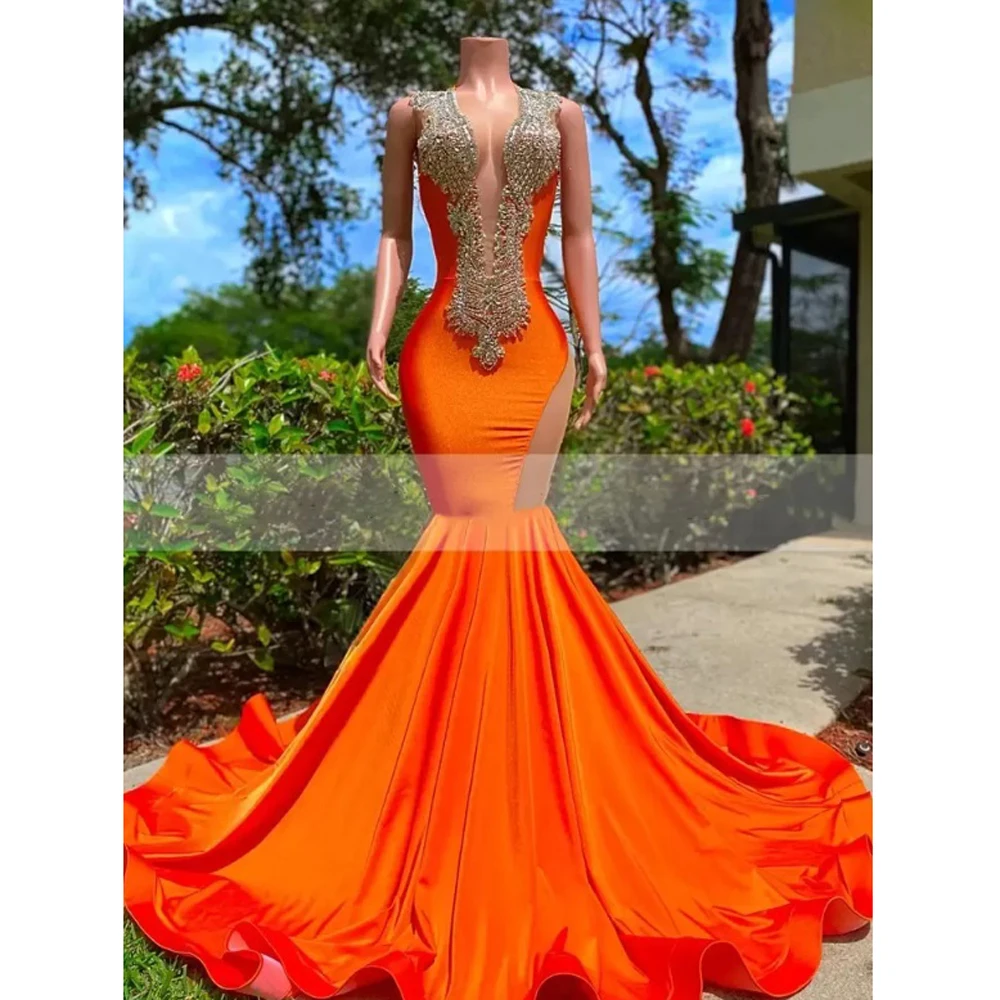 

Deep V Neck Evening Dresses Mermaid Luxury Beaded Sequined Orange Satin Sexy Backless Ruffled Hem Formal Party Prom Gown Vestido