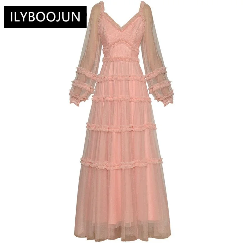Pink Elegant Mesh Dress Women's V Neck Lantern Long Sleeve Ruffles High Waist Slim Long Dresses For Women 2023 Runway Luxury
Pink Elegant Mesh Dress Women's V Neck Lantern Long Sleeve Ruffles High Waist Slim Long Dresses For Women 2023 Runway Luxury