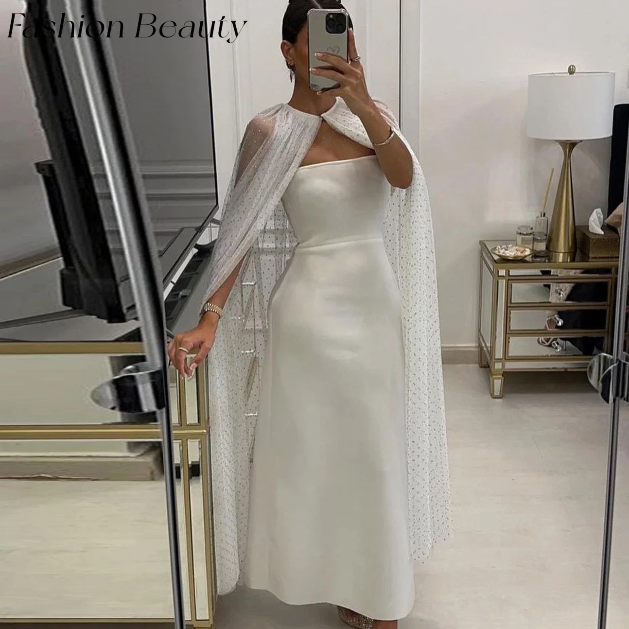 Fashion Beauty White Evening Dresses Strapless Dot Shawl 2-Piece Straight Ankle-Length Formal Party Dress For Women 2024 Saudi
Fashion Beauty White Evening Dresses Strapless Dot Shawl 2-Piece Straight Ankle-Length Formal Party Dress For Women 2024 Saudi