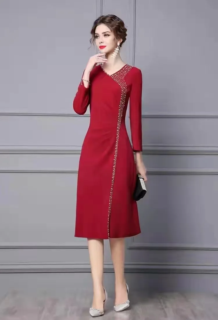 

3XL Dress Vestidos De Fiesta 2022 Autumn Winter Party Cocktail Women V-Neck Crystal Beading Deco Long Sleeve Midi Bodycon Dress