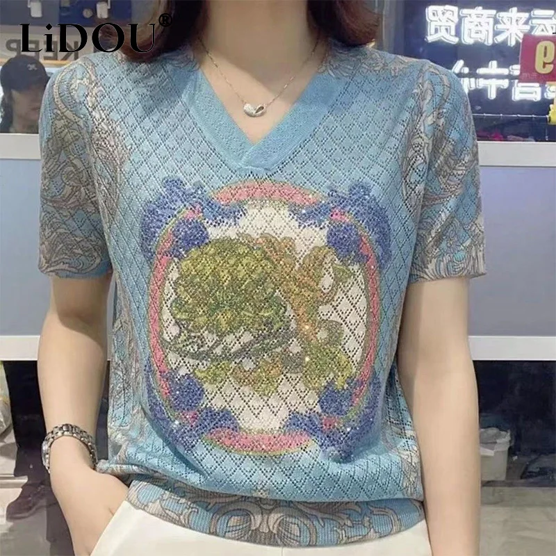 Summer 5XL V-neck Diamons Hollow Out Casual Fashion T-shirt Ladies Short Sleeve Loose Patchwork All-match Pullovers Women Tee
Summer 5XL V-neck Diamons Hollow Out Casual Fashion T-shirt Ladies Short Sleeve Loose Patchwork All-match Pullovers Women Tee