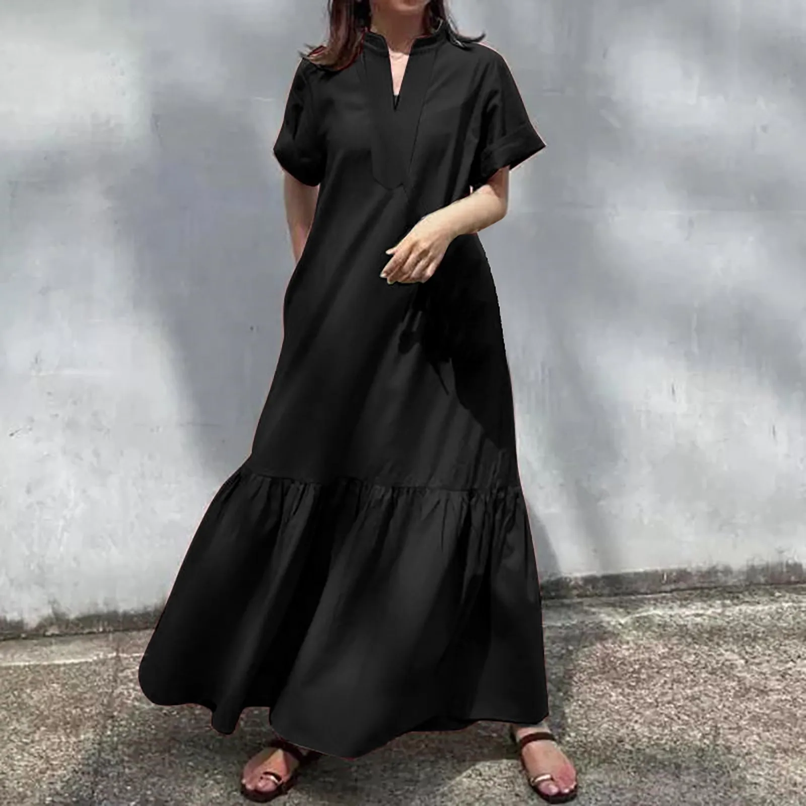 

Summer Bohemian Style Long Dress For Women Casual V Neck A Line Layered Ruffled Ankle Length Dress Solid Loose Maxi Dresses