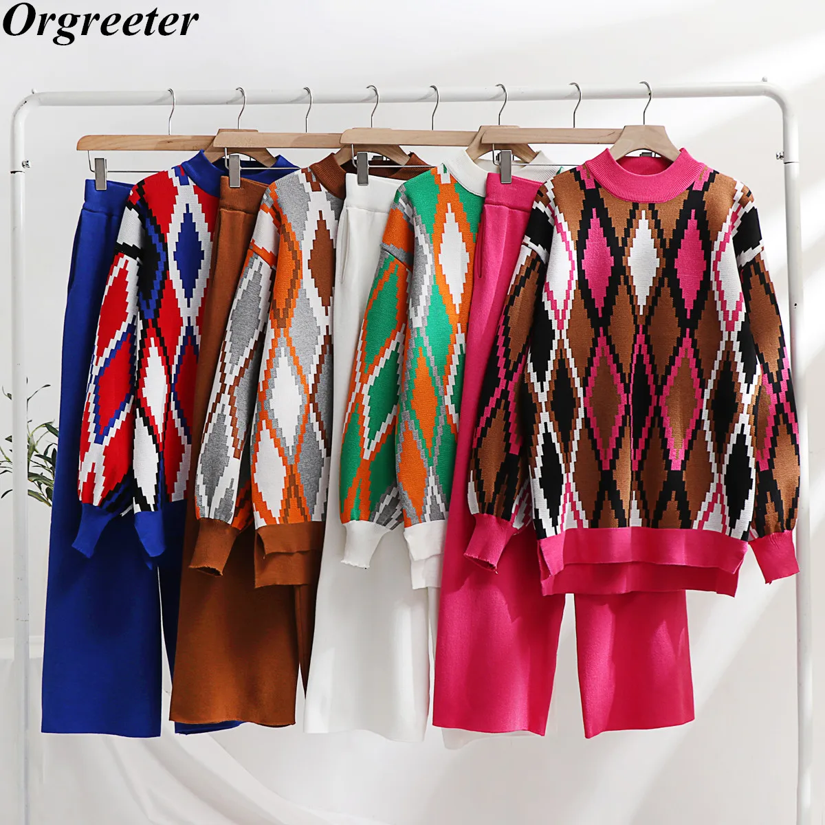 Colorful Geometric Knit 2 Piece Sets Women Sweater Tracksuits Fall Winter Plaid Loose O-neck Pullovers Top +Pants Suits Female
Colorful Geometric Knit 2 Piece Sets Women Sweater Tracksuits Fall Winter Plaid Loose O-neck Pullovers Top +Pants Suits Female