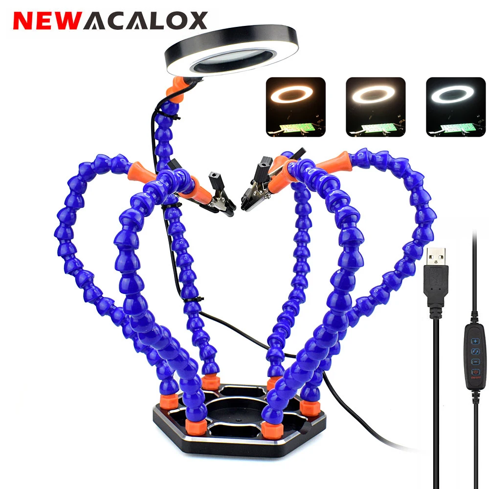 

NEWACALOX Soldering Third Hand PCB Holder with 6Pcs Flexible Arms Crafts Workshop Helping Hands USB LED 3X Magnifier for Welding